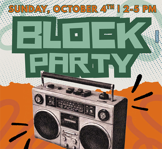 A boombox underneath the words Block Party