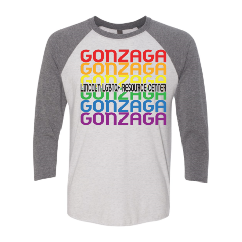 Front of long sleeve t-shirt with repeating Gonzaga Front of long sleeve t-shirt with repeating Gonzaga