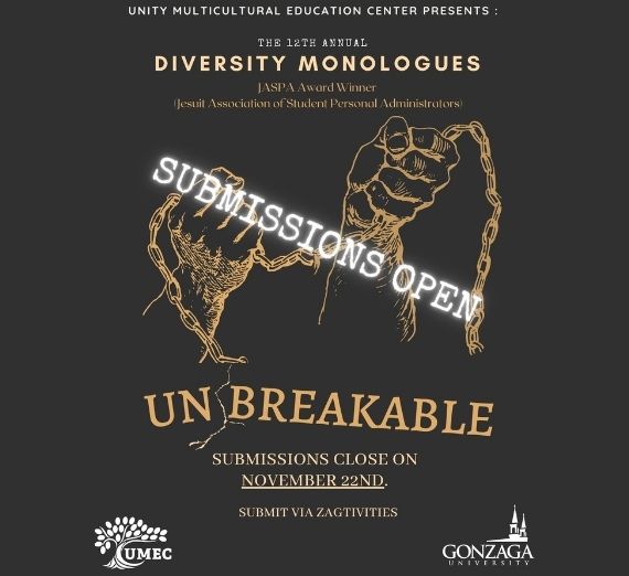 This is a photo of the Diversity Monologues poster for the 2022 event. It is black. It reads from the top, 