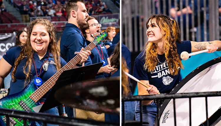 Student playing electric bass and student playing drums Student playing electric bass and student playing drums
