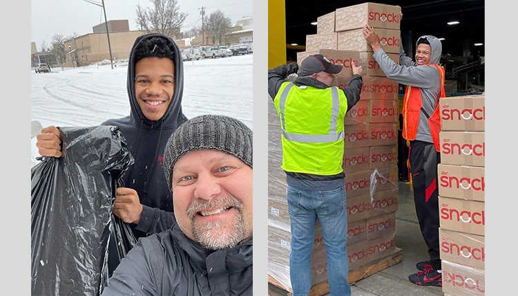 two guys in winter and two guys lifting boxes two guys in winter and two guys lifting boxes