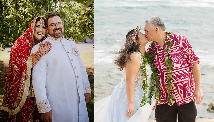 Two people at their weddings side by side. Two people at their weddings side by side.