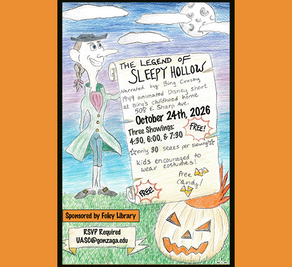 Hand drawn Ichabod Crane with event details from story