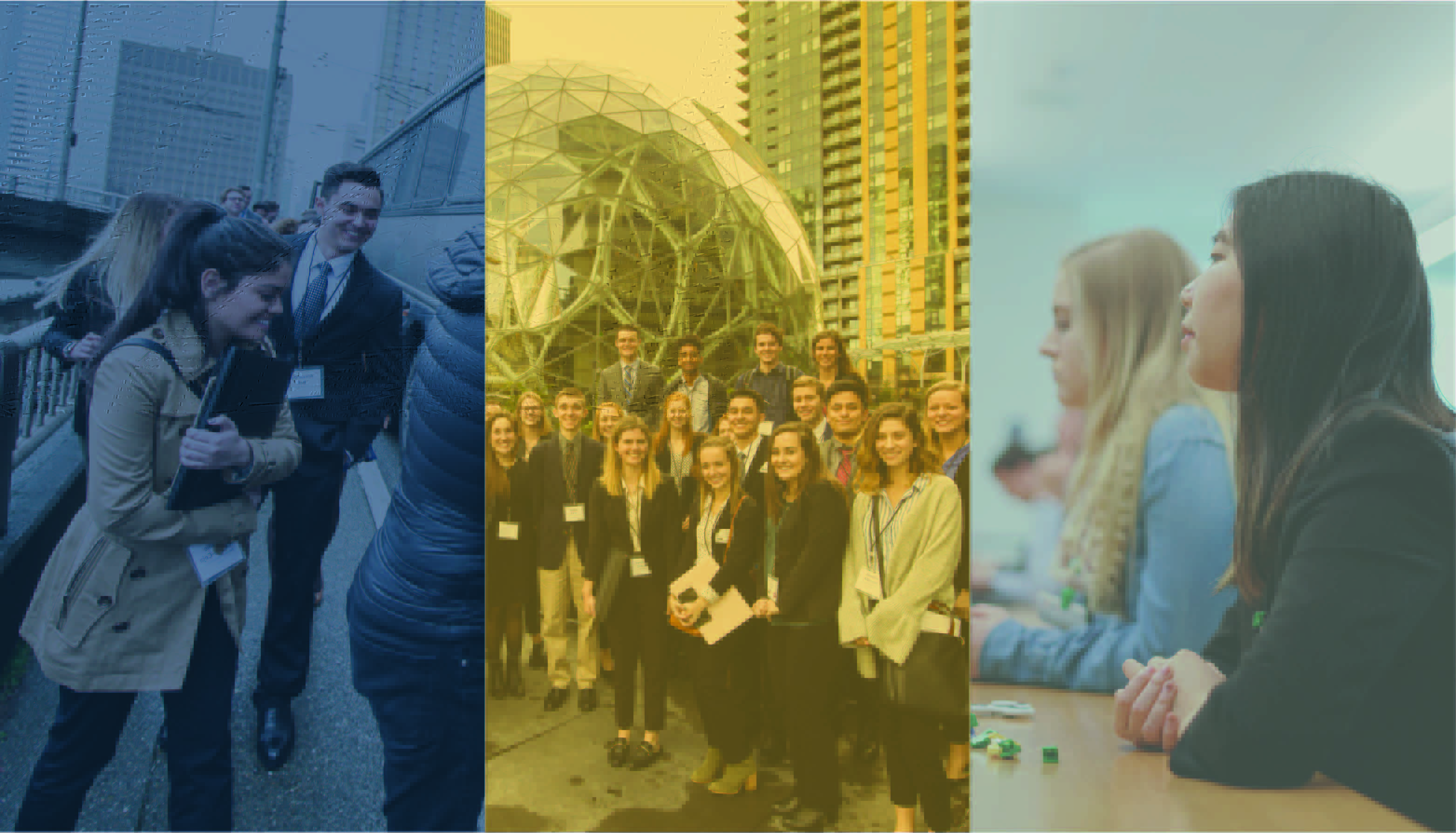 Three images are composed in a row, with a colored overlay on each. The left image shows a line of students entering a touring bus. The center image shows over 20 students posing together in Seattle. The image on the right shows two young women sitting at a long table and listening to a speaker off camera. Three images are composed in a row, with a colored overlay on each. The left image shows a line of students entering a touring bus. The center image shows over 20 students posing together in Seattle. The image on the right shows two young women sitting at a long table and listening to a speaker off camera.