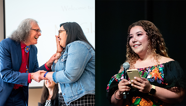 (Left)Raymond Reyes and Rani Chavez (’18) celebrate recognition at the Magis Awards. (Right) Liz Perez (’20) at a La Raza Latina club event in 2019. (Left)Raymond Reyes and Rani Chavez (’18) celebrate recognition at the Magis Awards. (Right) Liz Perez (’20) at a La Raza Latina club event in 2019.