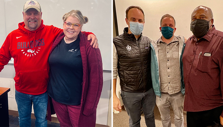two separate photos of guest speakers two separate photos of guest speakers