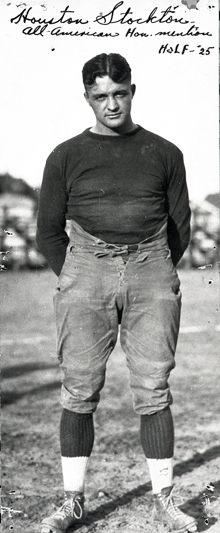 Houston Stockton, John Stockton’s grandfather, played as a halfback for Gonzaga from 1922-1924. He was the captain of the 1924 team that won the Northwest Conference Championship and is considered the best football team in Gonzaga history. There are many great plays Stockton made but ones that stand out are when he became the star of the West, Christmas day 1922 against West Virginia scoring one of the two touchdowns and throwing two passes for 45 yards each. He excelled in the game against University of Detroit Thanksgiving Day 1923 and scored all seven of Gonzaga’s points. After graduating, Stockton went on to play pro in the fullback position for the Frankford Yellow Jackets, Providence Steamrollers and Boston Braves. (GU Archives)