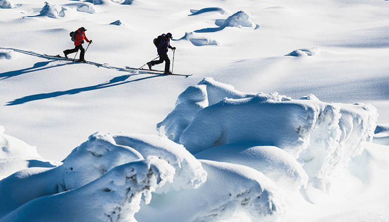 Two skiers navigating a snowy mountain Two skiers navigating a snowy mountain
