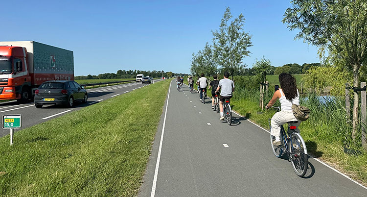 delft 2026-0526 cycle along road-bd Several bicyclists ride on a special path separated from a busy road