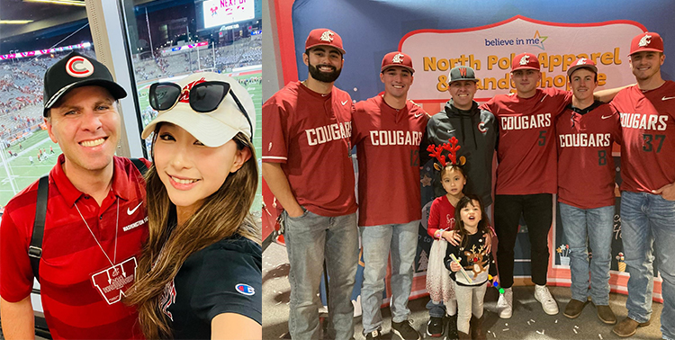 A man with his wife and the same man standing with a bunch of baseball players. A man with his wife and the same man standing with a bunch of baseball players.