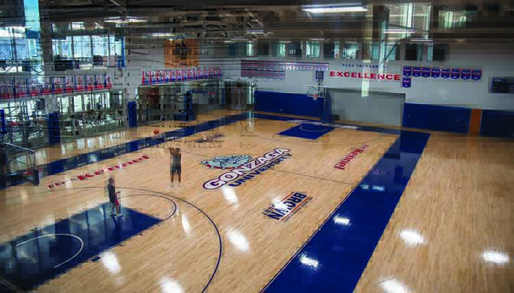 Gonzaga basketball player practicing in the Volkar Center basketball court. Gonzaga basketball player practicing in the Volkar Center basketball court.