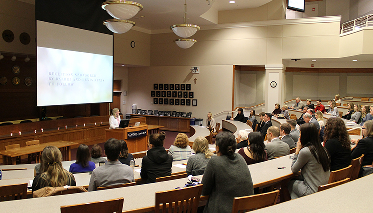 Stephanie Lister speaking at the 2018 Myra Bradwell Awards Stephanie Lister speaking at the 2018 Myra Bradwell Awards