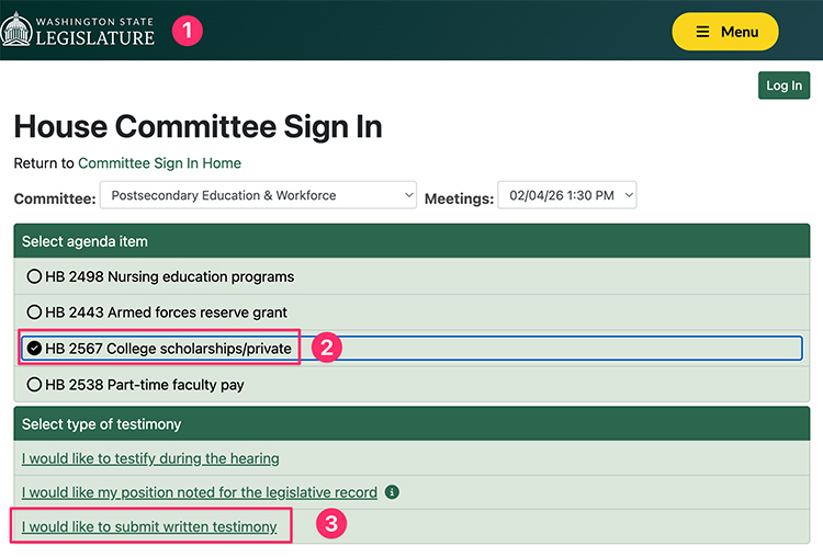 Screenshot of steps 1 through 3 for how to provide written testimony to support Washington House Bill 2567 Screenshot of steps 1 through 3 for how to provide written testimony to support Washington House Bill 2567