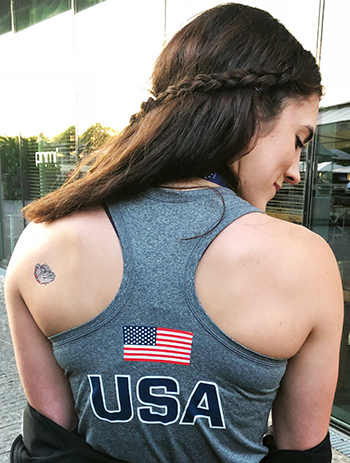 Tolson shows of her temporary Bulldog tattoo at the competition. Photo courtesy Hannah Tolson. Tolson shows of her temporary Bulldog tattoo at the competition. Photo courtesy Hannah Tolson.