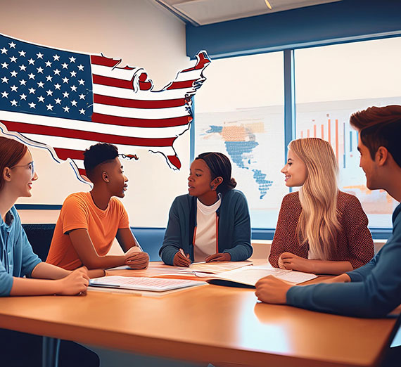 Students at a table in front of an American flag, a cartoon image
