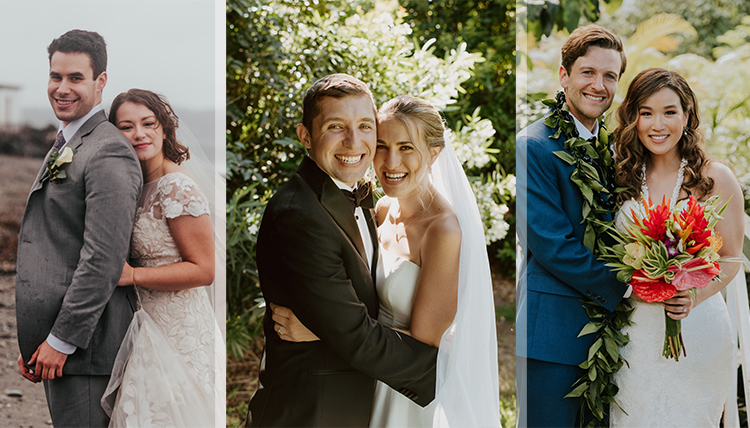 three wedding couples all outdoors