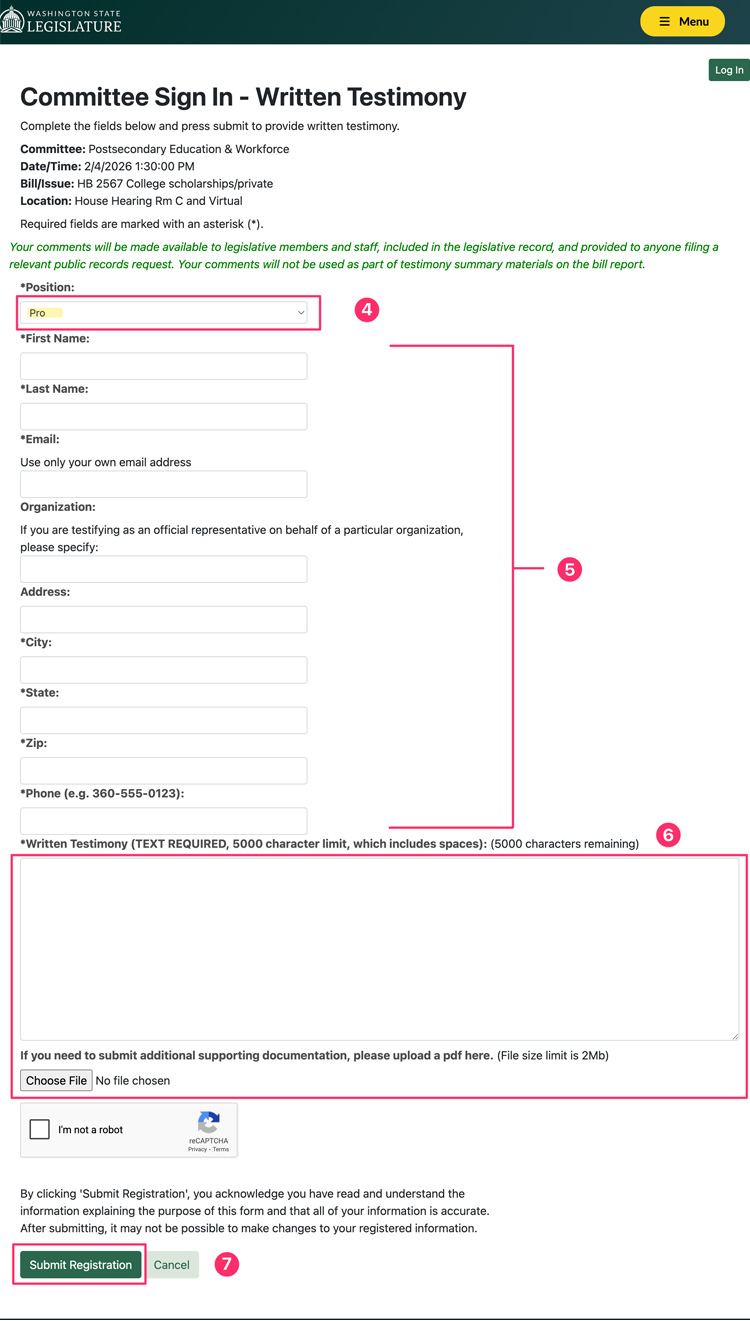 Screenshot of steps 4 through 7 for how to provide written testimony to support Washington House Bill 2567 Screenshot of steps 4 through 7 for how to provide written testimony to support Washington House Bill 2567