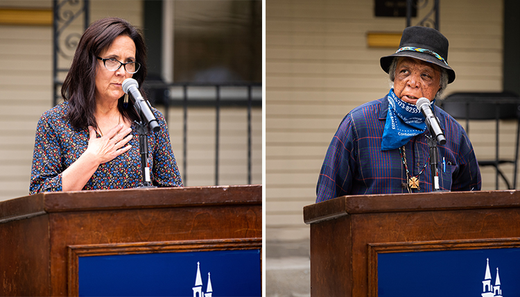 two native americans speak from podium two native americans speak from podium