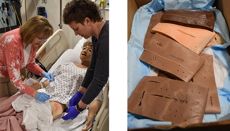 2 images show practice with wound care and fake skin pads for suturing 2 images show practice with wound care and fake skin pads for suturing