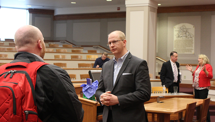 OtterBox CEO Jim Parke listening to a Gonzaga Law student OtterBox CEO Jim Parke listening to a Gonzaga Law student