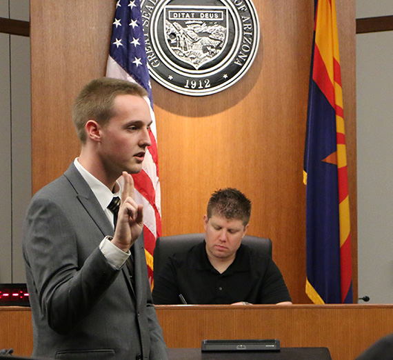 Kurt Wohlers stands in front of a mock trial court room. Kurt Wohlers stands in front of a mock trial court room.